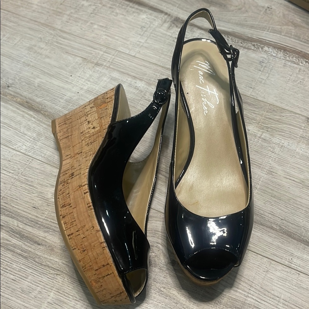 Marc Fisher Black Patent Leather Wedges